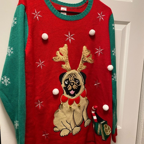 Holiday Time Ugly Christmas Sweater Bull Dog With Antlers & Jingle Bells SZ XXL - Picture 3 of 12